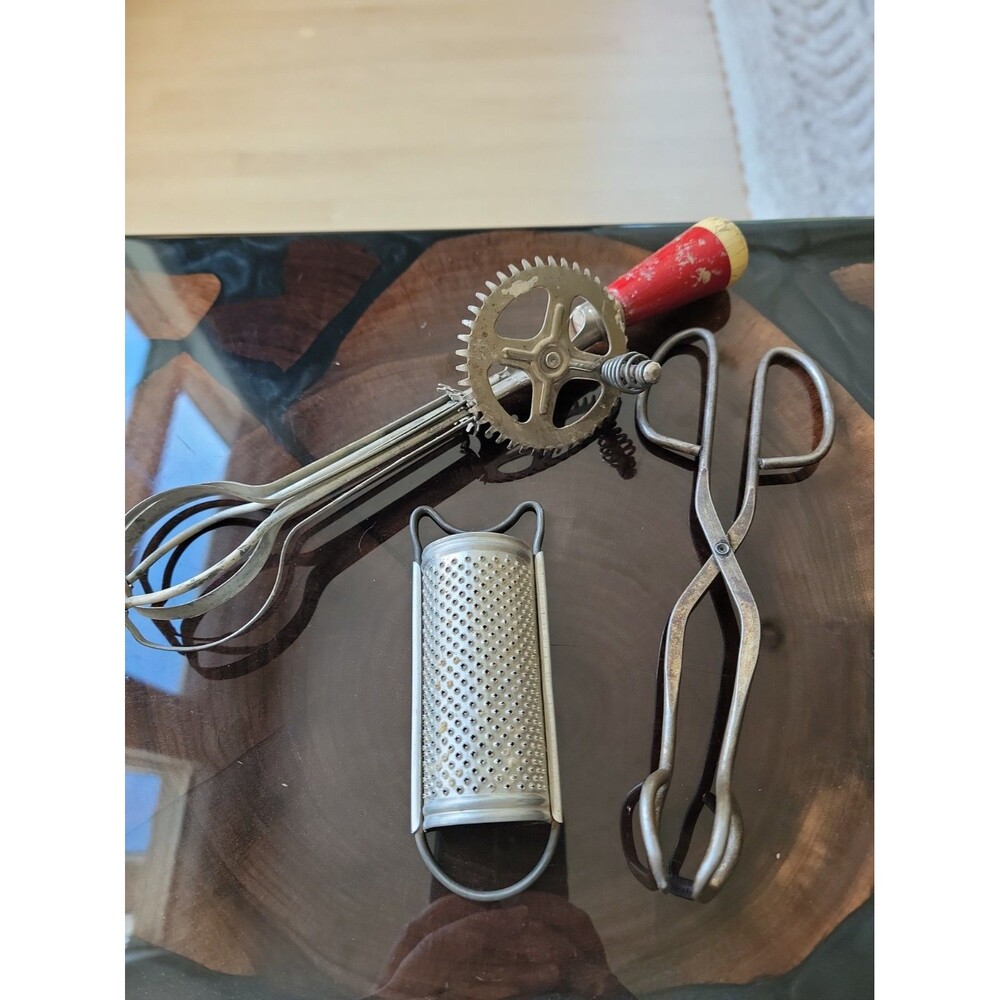 Vintage Kitchen Utensils Tongs, Mixer, Grater